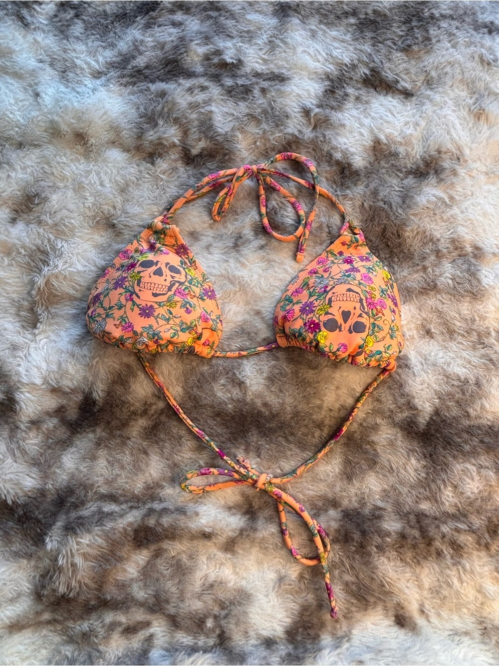 Vintage, rare Y2K OP Orange Floral Skull Triangle Bikini Top
